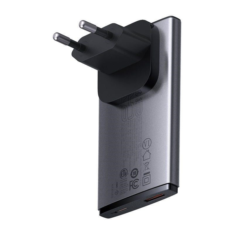 Baseus GAN5 Pro Ultrathin USB-C USB-A 65W-os gyorstöltő adapter, szürke