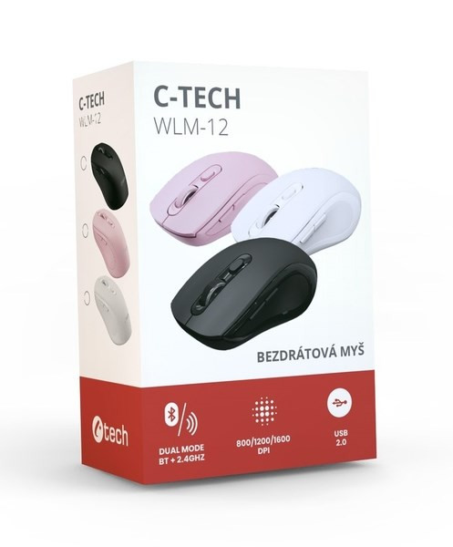 C-TECH egér Kettős üzemmódú, vezeték nélküli, 1600DPI, 6 gomb, rózsaszín, USB nano vevőegység