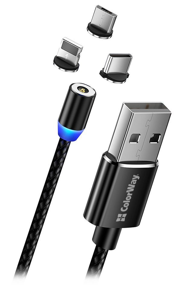 Colorway töltőkábel 3in1 Lightning MicroUSB USB-C/ Mágneses/ 2.4A/ Nylon/ 1m