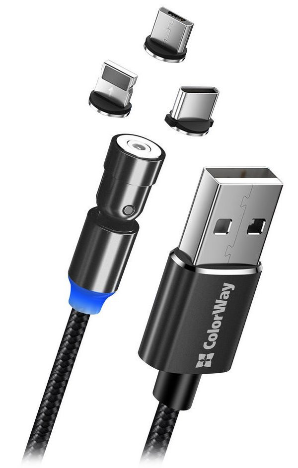 Colorway töltőkábel 3in1 Lightning MicroUSB USB-C/ Mágneses/ 2.4A/ Nylon/ Mágneses forgatás 540°/ 1m