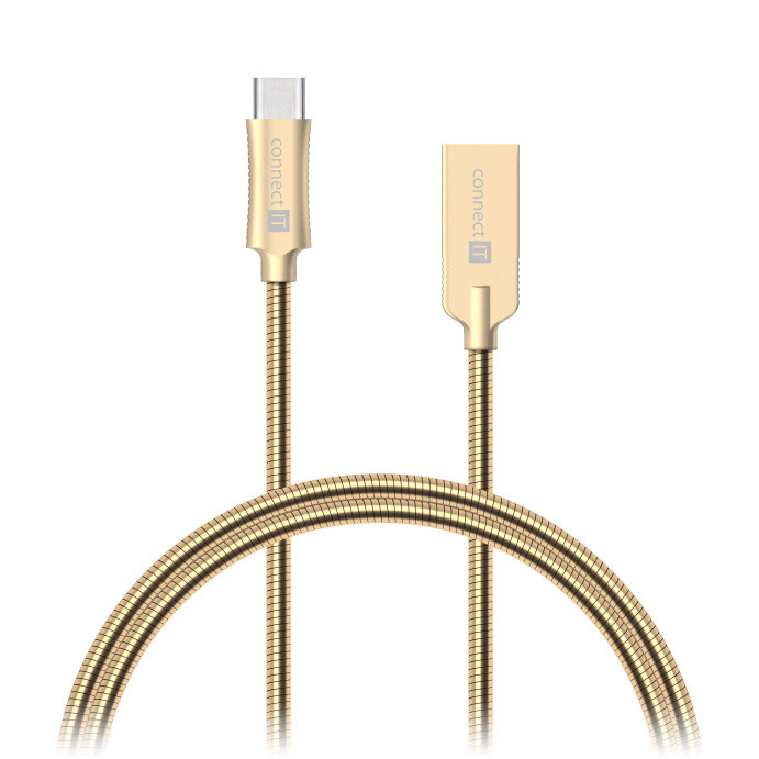 CONNECT IT Wirez Steel Knight USB-C (C típus) - USB-A, arany metál, 2,1A, 1 m