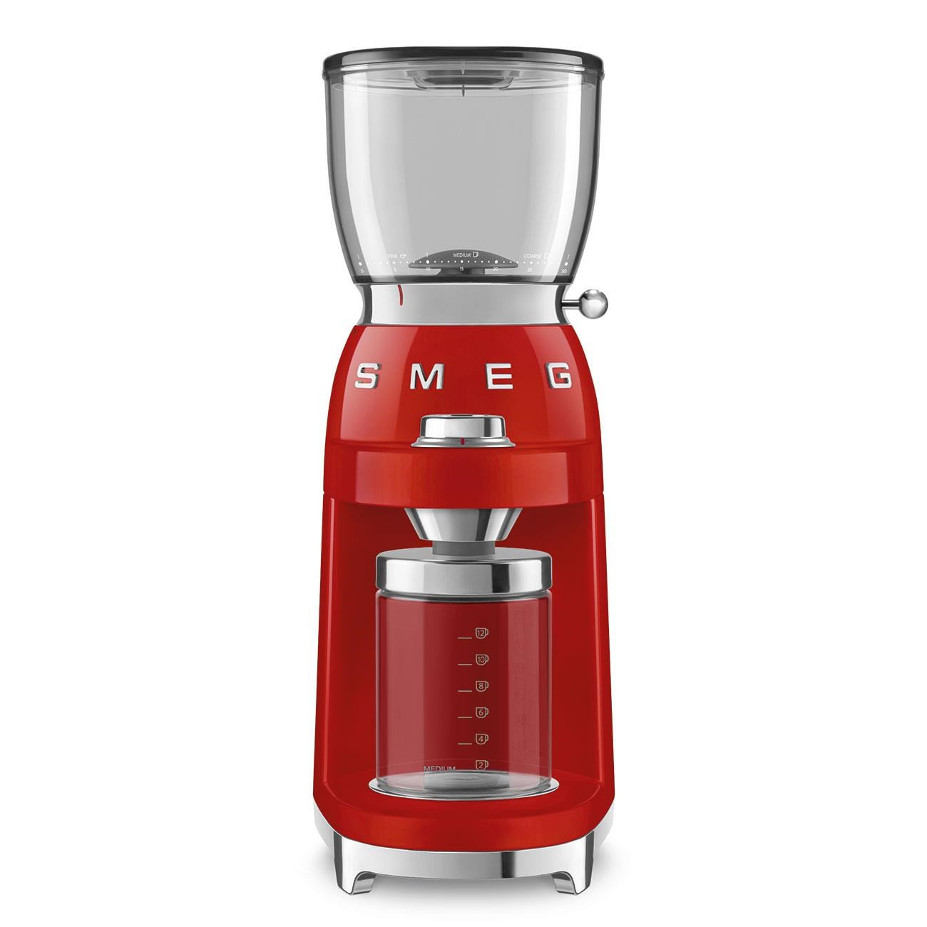 Smeg CGF11RDEU kávédaráló, 150 W, állítható durvaság, rozsdamentes acél daráló, tritán tartály, piros színű
