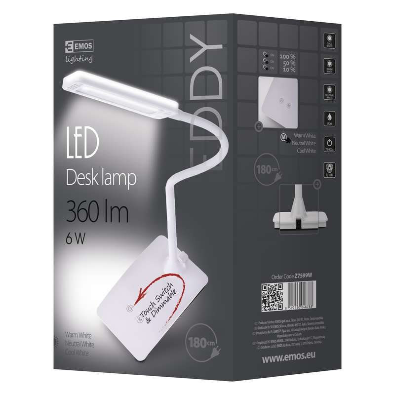 Emos LED asztali lámpa Eddy, 6W, 360 lm, dimmelhető fényszín, fehér
