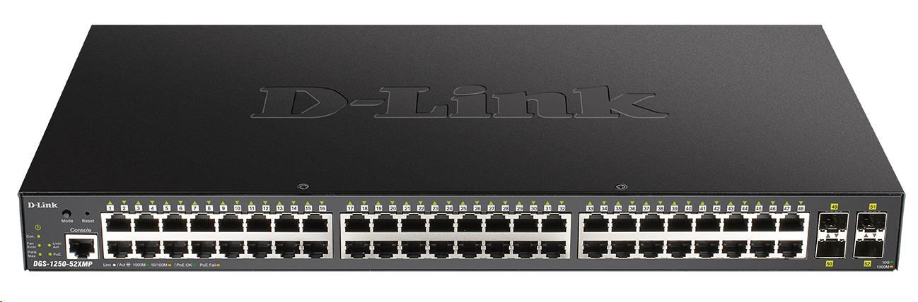 D-Link DGS-1250-52XMP 52 portos Gigabit Smart PoE switch, 48x GbE PoE , 4x SFP , PoE 370W
