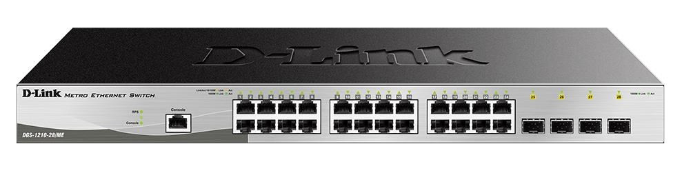 D-Link DGS-1210-28/ME 28 portos Gigabit Metro Ethernet Smart Switch, 24x GbE, 4x SFP, ventilátor nélkül