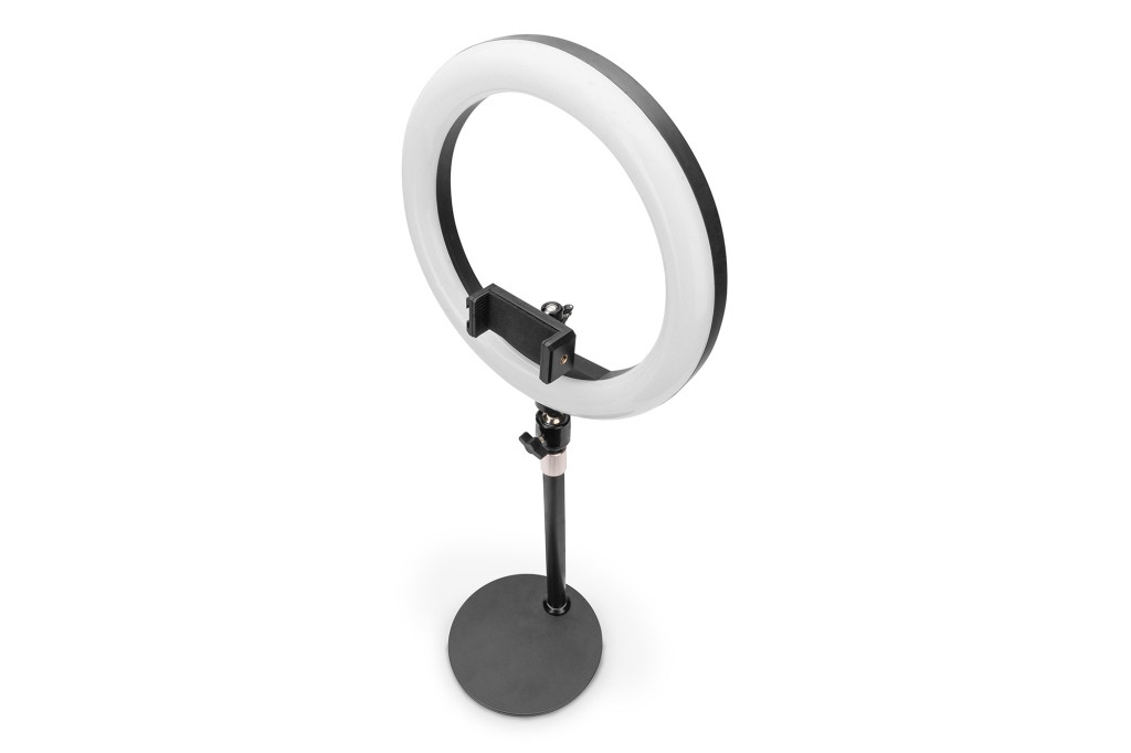 DIGITUS 10 hüvelykes LED kör alakú asztali lámpa állvánnyal és okostelefon tartóval, dimmelhető fény