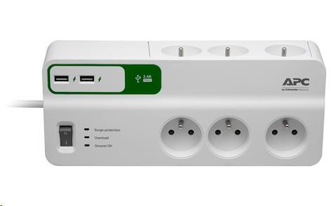 APC Essential SurgeArrest 6 aljzat 5 V, 2,4 A 2 portos USB töltővel, 230 V Franciaország, 2 m