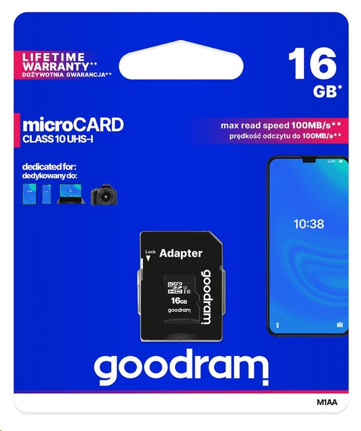 GOODRAM MicroSDHC kártya 16 GB M1AA, UHS-I Class 10, U1 + adapter