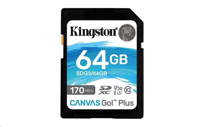 Kingston 64 GB SecureDigital Canvas Go! Plusz (SDXC) kártya, 170R 70W Class 10 UHS-I U3 V30