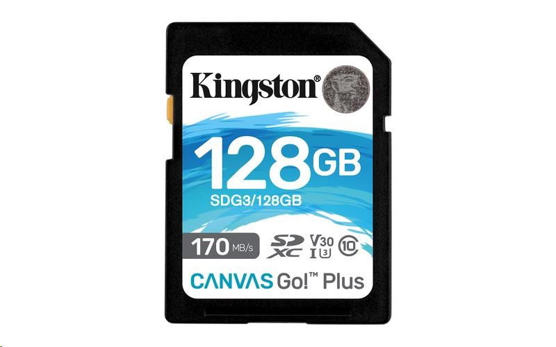 Kingston 128GB SecureDigital Canvas Go! Plusz (SDXC) kártya, 170R 90W Class 10 UHS-I U3 V30