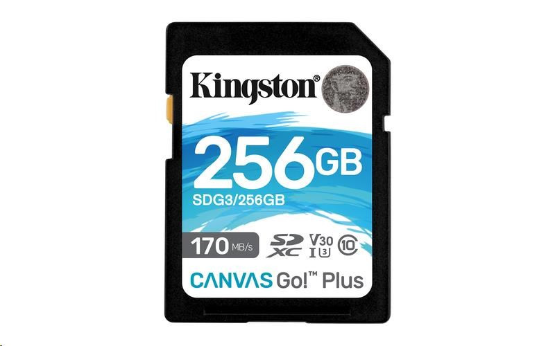 Kingston 256 GB SecureDigital Canvas Go! Plusz (SDXC) kártya, 170R 90W Class 10 UHS-I U3 V30