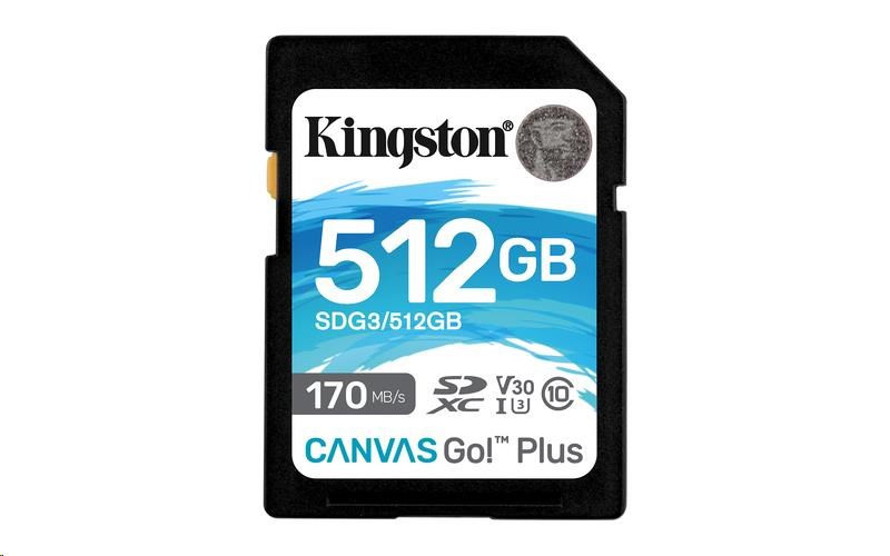 Kingston 512 GB SecureDigital Canvas Go! Plusz (SDXC) kártya, 170R 90W Class 10 UHS-I U3 V30
