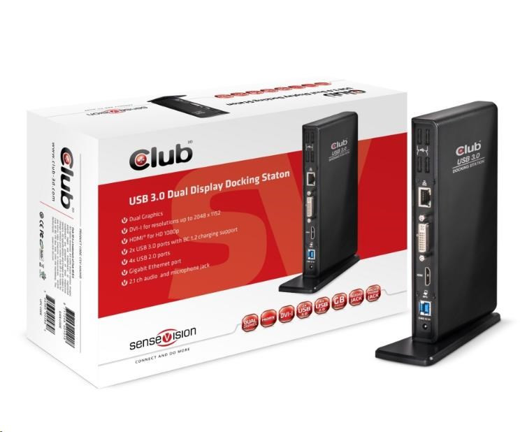 Club3D USB 3.0 kétkijelzős dokkolóállomás