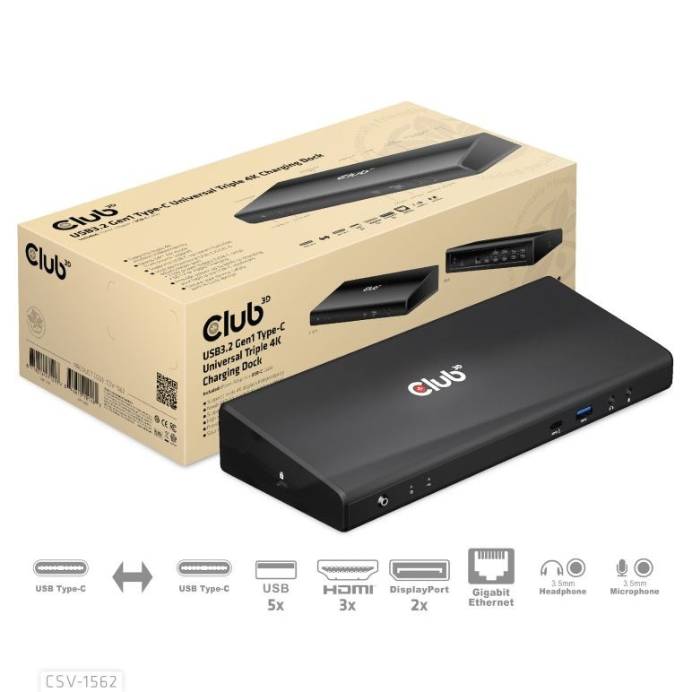 Club3D dokkolóállomás USB 3.2 C típusú (5xUSB / USB-C / 3xHDMI / 2xDP / Ethernet / Audio) univerzális háromszoros 4K tápadapterrel