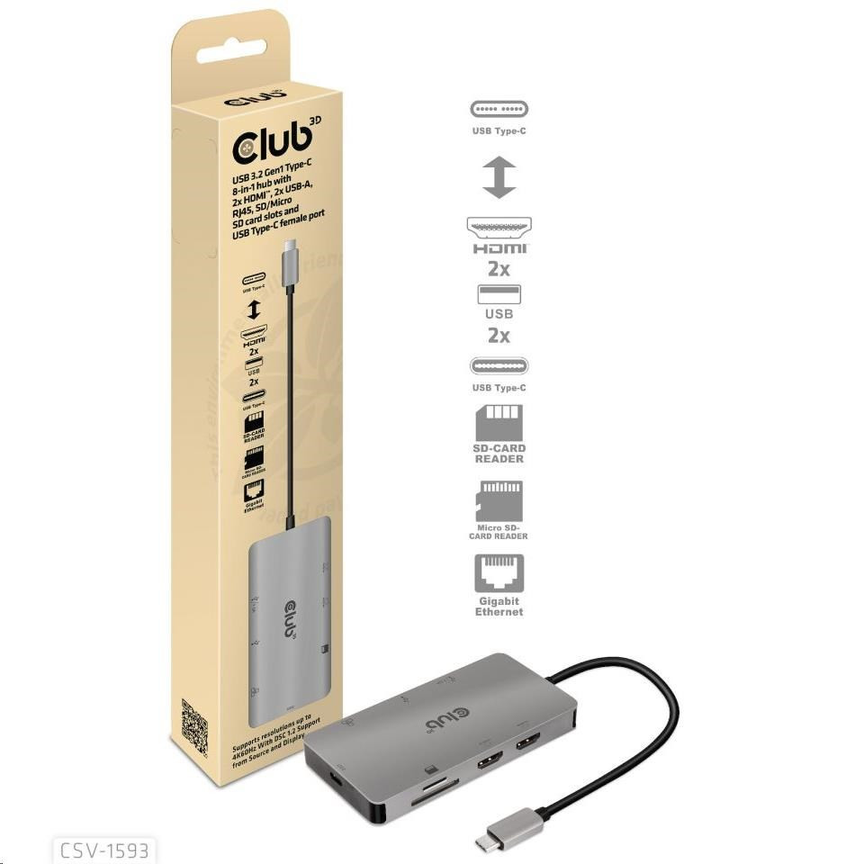 Club3D dokkolóállomás 8 az 1-ben USB 3.2 C típusú (2xHDMI, 2xUSB-A, RJ45, SD / Micro SD USB Type-C csatlakozó), hármas dinamikus