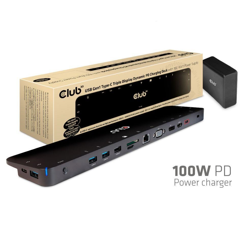 Club3D dokkoló állomás USB-C 3.2 hálózati adapterrel Triple Dynamic PD, 100 W