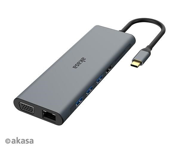 AKASA dokkolóállomás USB-C 14in1, USB-C (tápellátás + adat), USB 2.0, 2xHDMI, VGA, RJ45, USB 3.2, kártyaolvasó, 3, 5 mm-es jack