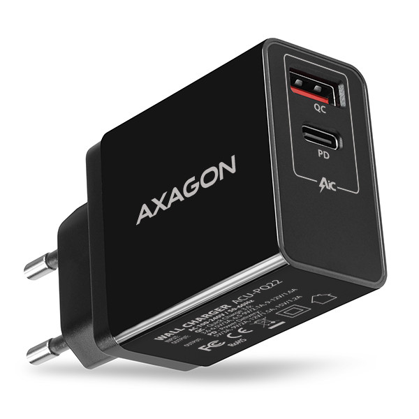 AXAGON ACU-PQ22, PD és QC hálózati töltő 22 W, 2x port (USB-A + USB-C), PD3.0 / QC3.0 / AFC / FCP / Apple, fekete