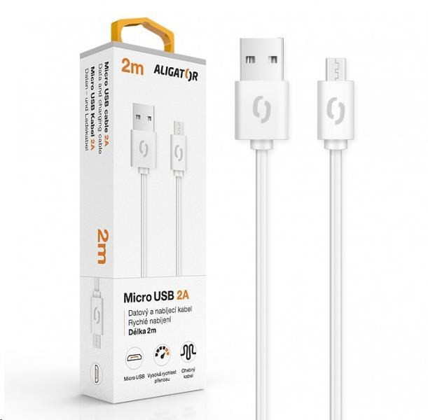 Aligátor adat- és töltőkábel, micro USB csatlakozó, 2A, 2m, fehér
