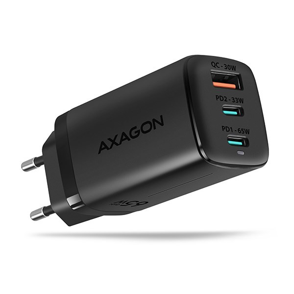 AXAGON ACU-DPQ65, GaN hálózati töltő 65 W, 3x port (USB-A + kettős USB-C), PD3.0 / QC4 + / PPS / Apple