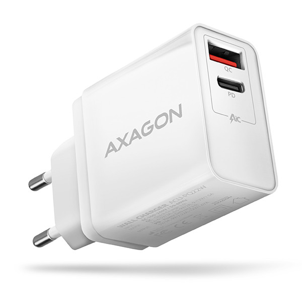 AXAGON ACU-PQ22W, PD és QC hálózati töltő 22 W, 2x port (USB-A + USB-C), PD3.0 / QC3.0 / AFC / FCP / Apple, fehér