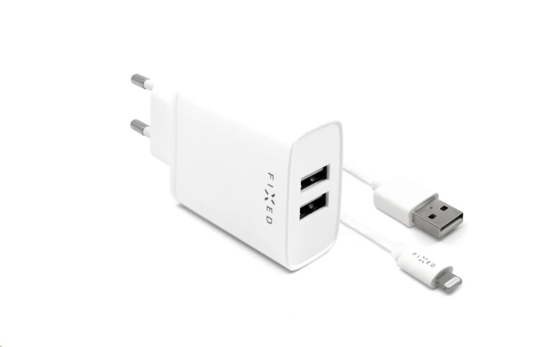 Fix hálózati töltő, csatlakozó 2x USB-A, USB kábel -> Lightning (MFI) hossza 1 m, 15 W, fehér