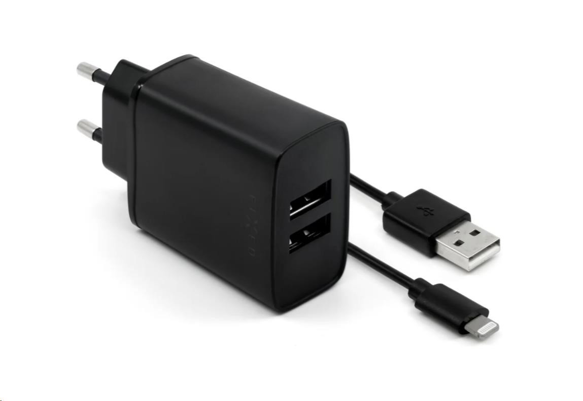 Fix hálózati töltő, csatlakozó 2x USB-A, USB kábel -> Lightning (MFI) hossza 1 m, 15 W, fekete