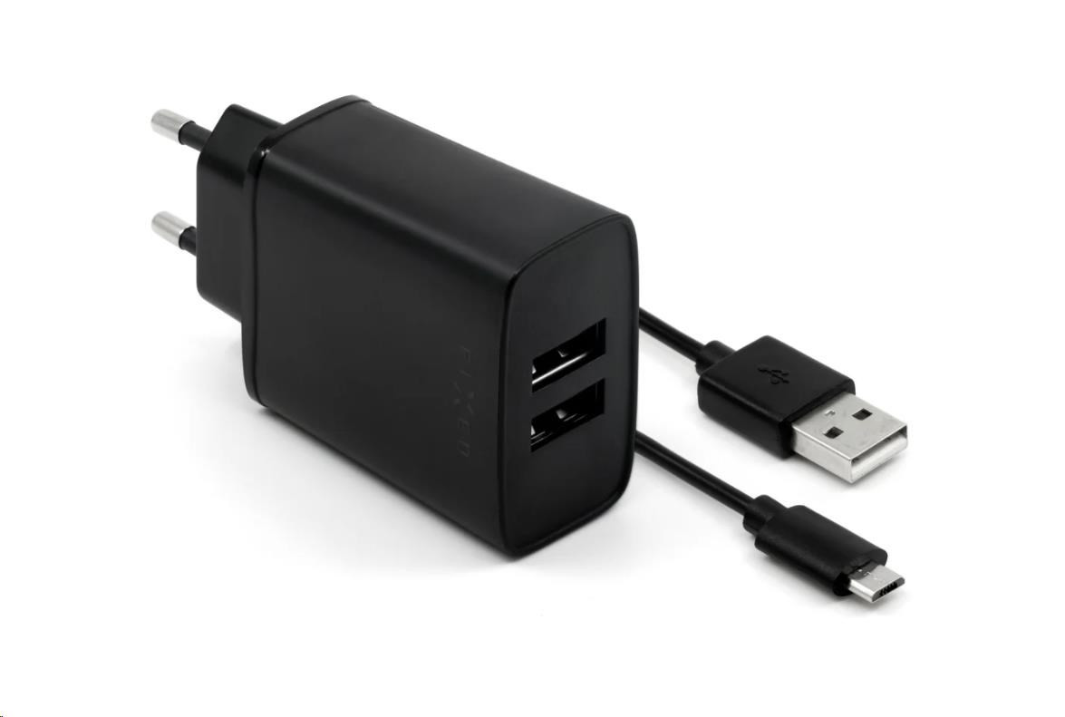 Fix hálózati töltő, csatlakozó 2x USB-A, USB kábel -> micro USB hossza 1 m, 15 W, fekete