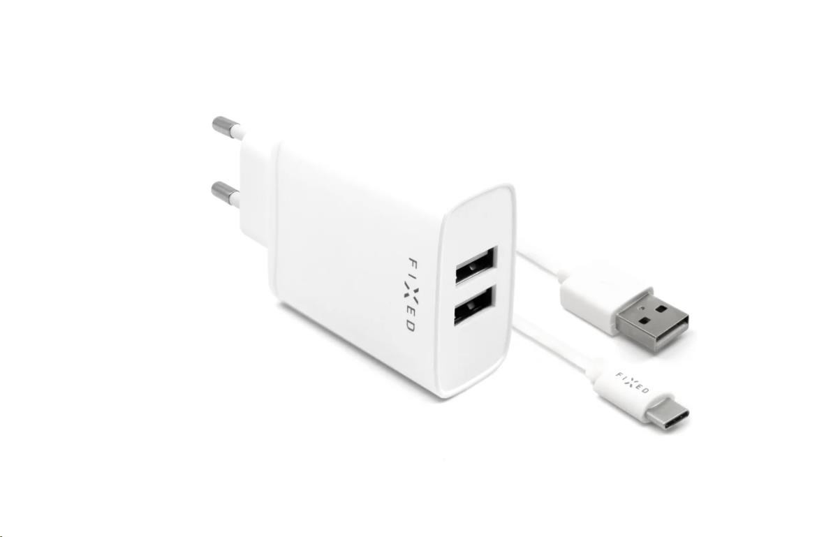 Fix hálózati töltő, USB-C csatlakozó + 2x USB-A, USB-C kábel -> USB-C hossz 1 m, 15 W, fehér