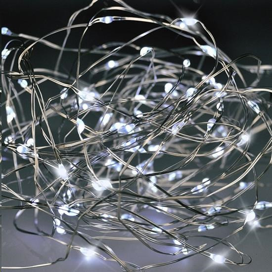 Solight karácsonyi lánc ezüst, 100x mini LED, 10m, 3 x AA, hidegfényű